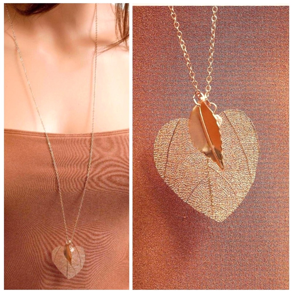 Rose Gold‎ Tone Filigree Skeleton Leaf Double Pendant Long Necklace Nature Boho